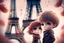 Placeholder: cute chibi mahogany haired girl with a short, silver haired boy, Eiffel tower, heart and love, flowers in Paris, ethereal, cinematic postprocessing, bokeh, dof