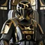 Placeholder: star wars bald male corellian pilot wearing pearlescent black and gunmetal grey First Order special forces heavy assault armor and helmet with gold trim inside the jedi temple, centered portrait, hyperdetailed, dynamic lighting, hyperdetailed background, 8k resolution, volumetric lighting, light skin, fully symmetric details