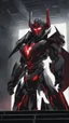 Placeholder: A close picture to Mix between machine and batman in transformers cyborg with black metal and red armor in solo leveling shadow art style with red details detailsis in fantasy world