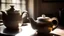 Placeholder: Black tea leaves steep in a white ceramic teapot. The teapot sits next to a matching cup and saucer on a counter. Sunbeams shine through a kitchen window, illuminating the steam. Highly detailed photograph with shallow depth of field.