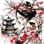 Placeholder: pretty 19 century geisha with Japanese pagoda and cherry blossoms in background, Abstract art, Kirby Krackle effect, traditional Japanese calligraphy scroll paintings, Japanese woodblock prints, by Shohei Otomo, ink washes over top both lines and fills, amazing beauty, hyperdetailed, watercolor and ink, ink splatter