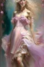 Placeholder: Spring goddess, Portrait of a full visible figure beautiful blond woman wearing a vaporous soft pink tulle dress, fully visible slender legs, beautiful face elegant extremely detailed intricate very attractive beautiful crisp quality Michelangelo Daniel Gerhartz