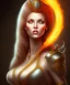 Placeholder: portrait lady fire with big bobs no top long black hairs in castle