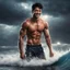 Placeholder: Hyper realistic very handsome shirtless muscular short black hair man smiling & surfing on sea at rainy night with thunderstorm