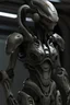 Placeholder: grey skinned alien female in power armor and no helmet