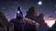 Placeholder: Minecraft Character, minecraft theme, purple starry sky, meditating, facing back, wearing gown, minecraft style, in between two cliffs,