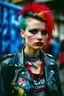 Placeholder: photo of a beautiful Polish young punk woman taken by a Mamiya M645 camera with portrait lens on colour medium-format film, red lips, blue eyes, red mohawk, black leather jacket, Ramones style, heavy boots, fishnet stockings, torn t-shirt, nosering, few earrings, belly ring