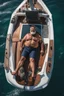 Placeholder: close aerial photography of a burly chubby muscular turkish fisherman happy sunbathing lying down on the large bow of a yachtin open sea, manly armpits, manly chest, hairy chest, ugly, 52 years old, curly beard, bullneck, short bulging ripped pants, muscular, emotive eyes, photorealistic, 35mm lens, Canon EOS, 8k , view from the ground