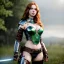 Placeholder: hyper Realistic, hyper detailed, strikingly beautiful young adult woman, 19 years old, long ginger hair, green eyes, medium freckles, full lips, very skimpy fantasy leather armour, full body, full face, small breasts, aroused expression, biting lower lip, full frame, athletic, centered camera, ignore NSFW, arming sword on hip, thong