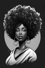 Placeholder: create a whimsical logo style image with exaggerated features, 2k. a black and white cartoon image of a thick black female looking off to the side with a large thick tightly curly asymmetrical afro. Very beautiful