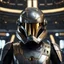 Placeholder: star wars bald male corellian pilot wearing pearlescent black and gunmetal grey First Order special forces heavy assault armor and helmet with gold trim inside the jedi temple, centered portrait, hyperdetailed, dynamic lighting, hyperdetailed background, 8k resolution, volumetric lighting, light skin, fully symmetric details