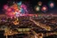 Placeholder: firework blooms shaped roughly like a Japanese Dragon, Fireworks Magic over silhouette of a city, Celebration Night, Epic Composition, Photorealistic, by Joel-Peter Witkin, Beautiful, expansive and vast, astral brillance, dazzling rainbow spray of colors, Hyperdetailed, Ultra HD Digital Art, BLacklight Sense, Magic Realis