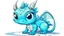 Placeholder: cartoon illustration: a cute little ice dragon with big shiny eyes. The dragon has big wings.