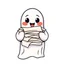 Placeholder: An icon that features a cute and happy ghost. That holds a big pile of papers in its hands. No background. Transparent background. Cute. Icon. Logo. Drawing. SVG.