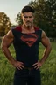 Placeholder: Full-length image, head to toe, create a photorealistic portrait of an extremely muscular Tom Welling Superman as an old man, with (dyed black hair:1.3), and gray temples and sideburns, standing outside the Kent Farmhouse in a green field with his hands on his hips, in the late afternoon, with natural sunlight casting warm golden light across his face revealing every wrinkle and the texture of his skin, sharp focus on his eyes showing depth, moisture, reflections, with a soft bokeh background