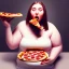 Placeholder: obese woman stuffing her face with pizza while burping and farting