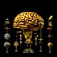 Placeholder: a huge golden brain supported by very small beautiful Asian female human bodies, Communist propaganda slogan banner,complex surgical instruments,a newborn boy between light and shadow, black background,surrealism, symbolism, minimalism, sculpture by Lucian Freud, Rene Magritte, Salvador Dali