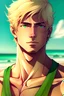 Placeholder: The handsome and perfect portrait is on Spruce Street, anime, blonde-haired and green-eyed male character on the beach for the magazine, 8K resolution, high quality, ultra graphics, and detailed with lines.