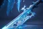 Placeholder: A fantasy sword that is a slender, translucent blade made of ice, shimmering with an ethereal blue glow. Its hilt is crafted from swirling vines, leading to a vibrant crystal at the pommel. With a black background behind it. HD