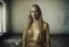 Placeholder: Margot robbie, without a face, , hippie girl, gold war clothes in a liminal empty room, old autochrome