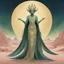 Placeholder: Bordered digital art of a Desert Djinn 10, in the style of torat and art deco, with olive green, pastel pink, rich blues and Shimmering golds accents. Fantasy art. High quality, masterpiece.