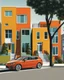 Placeholder: Architectural drawing of an urbanization of modern two-story houses, streets, trees, people and cars, complementary colors