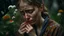 Placeholder: portrait of a crying woman, rain, flowers