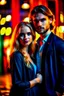 Placeholder: the genre is modern, a gorgeous couple, a beautiful woman model and actress, long hair, bright eyes and a beautiful man in modern clothes, he has blond hair, bright, expressive eyes, perfect facial features, he looks like a famous actor, a very beautiful favorite of all women, a full body, he stands tall, background bokeh