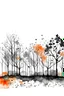 Placeholder: Watercolor black and white far away trees with orange little flowers on the trees