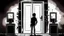 Placeholder: unhinged door, anime, monochrome, black background, ink, simple, maximum quality, broken hinge, barely functioning, why is it still being used it's a health hazard