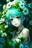 Placeholder: cartoon, girl with green skin, green hair, blue eyes, ent, plant, plant girl, white flowers, cartung