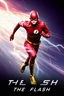 Placeholder: 1/4 side view, looking at the viewer, Movie Poster - "THE FLASH" - An athletically built muscular, 7'8" tall man, ((skintight, formfitting, long-sleeved, red spandex bodysuit:1.5)), ((gold knee-high boots:1.5)), ((gold wrist gauntlets, red fingerless gloves, gold, double holstered utility belt:1.5)), ((skintight, formfitting, red spandex helmet with red eye disguise,:1.5)), Glowing eyes, Running in the speedforce with multicolored lightning emanating from his body