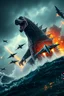 Placeholder: Closeup view of a Kaiju, bearing a striking resemblance to Godzilla, emerging from a tumultuous sea amidst a stormy backdrop, locked in combat with agile fighter jets, amidst a conflagration of fire and explosive effects, ambient lighting, professional composition, infused with a mix of elegance and futuristic aesthetics, ultra-realistic, mystical undertones, sharp focus capturing every water droplet and flame, rational placement of subjects within a cinematic frame, epic atmosphere,