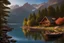 Placeholder: landscape Super wide , Wooden boat, mountains lake ,silky water , cabin , river rock