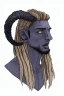 Placeholder: A tieffelin with blue skin and white Dreadlock hair. His pupil-less eyes are green. He wears a small beard. His horns are black and curved backwards. He wears a beige tunic.