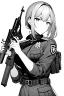 Placeholder: military girl takes out pistol, greyscale