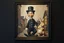 Placeholder: Charlie Chaplin town major troll mouse rabbit in style of Rembrandt and Fallout 4, with motion blur, all on a painting on wall with black wooden frame and with black wall background