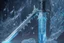 Placeholder: One fantasy greatsword that is slender, translucent blade made of ice. The hilt is crafted from swirling vines, leading to a vibrant crystal at the pommel. With a black background behind it. HD