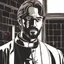 Placeholder: young man with scraggly hair and beard stubble in sunglasses dressed in a priest's frock with a repulsed look on his face that looks like Hans Gruber comic book character