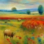 Placeholder: A field with flowers, haystacks, and animals in aboriginal art painted by Claude Monet