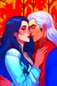 Placeholder: A couple from the dnd game curse of Strahd. The woman has long white hair and blue eyes, the man has LONG BLACK hair and red eyes, no facial hair. KISSING