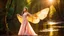 Placeholder: A gorgeous smiling Asian model in a fairy outfit with great wings in a magic forest with 1000 y/o trees, a small torrent, sun rays through the branches, particles in the air at dawn