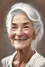 Placeholder: a beautiful European woman, in her 60s, chin lenght white hair, brown eyes, smiling, wearing a stripe balk and white shirt, digital drawing, 4k