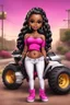 Placeholder: Create a digital airbrush cartoon of a curvy African American chibi female wearing tight white jeans and a off the shoulder hot pink blouse. She is also wearing timberland boots. Prominent make up with hazel eyes. Highly detailed very long extremely braids of black hair. Her skin is smooth and silky. Background of a track of ATV riders.
