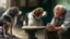 Placeholder: A hyper-realistic oil painting of a whimsical scene where a dog is engaged in deep conversation with an elderly man