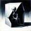 Placeholder: by Stephen Gammell and Wassily Kandinsky, Matte oil painting, Metaphorical depiction of Claustrophobia, ominous humanoid long limbed gaunt creature contorted into a small box, surreal, dramatic, sinister, profound