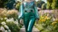 Placeholder: fullbody shot of girl makeup wearing a dark green-silver victorian top and pants and pretty boots walking in moder city of 2040 park ,flowers ,pretty clouds in blue sky,city escape.