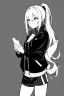 Placeholder: blonde girl with ponytails dressed in a jacket and shorts use cell phone's flashlight to get some light in the dark, greyscale