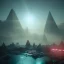 Placeholder: sci-fi city underwater with pyramids and ancient writings, mood is gloomy, colors include blue and red and green, shafts of lighting, mist, , photorealistic, , volumetric light, cinematic