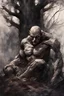 Placeholder: Evil stone golem taller than trees, vivid emotions, watercolor, photorealism, dark fantasy, bad weather, gloomy day, dark world, sketch art, fine lines, grunge, sensual, darkness, by Raymond Swanland & Alyssa Monks & Anna Razumovskaya